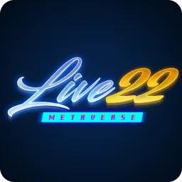 ไอคอนโลโก้ Live22 Metaverse ตัวอักษรฟ้าบนพื้นน้ำเงินเข้ม