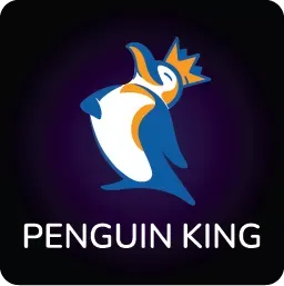 ไอคอนโลโก้ Penguin King นกเพนกวินสีฟ้าเหลืองบนพื้นเขียวเข้ม